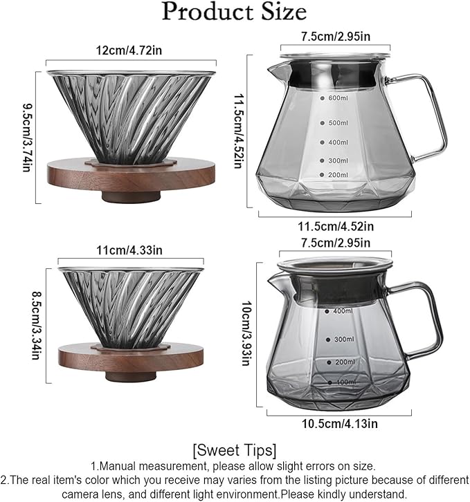 Fit forPour Over Coffee Maker with Walnut Handle &amp Glass Lid - 13.5/20 OZ Glass Coffee Pot for Home Café Restaurant and Camping(600ml)
