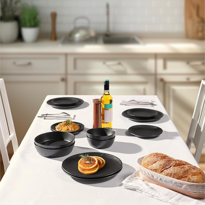 Navaris Linen Artisan Stoneware Dinnerware Set (8 Pieces) - Charcoal Black Dishes for 2 with Dinner Plates Side Plates Pasta Bowls Soup Bowls - Dishwasher and Microwave Safe