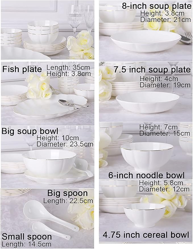 Dinner Set Porcelain Bone China Dinnerware Kitchen Dinning White Round Tableware Combination Set with Cereal Bowls Soup Plates (25 Pieces Service for 6 People)