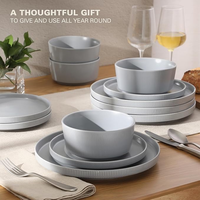 Gibson Home Dempsey Road 12-Piece Stoneware Dinnerware Set – Service for 4 Round Grey Plates and Bowls Durable Solid Color Modern Embossed Dish Set Microwave &amp Dishwasher Safe