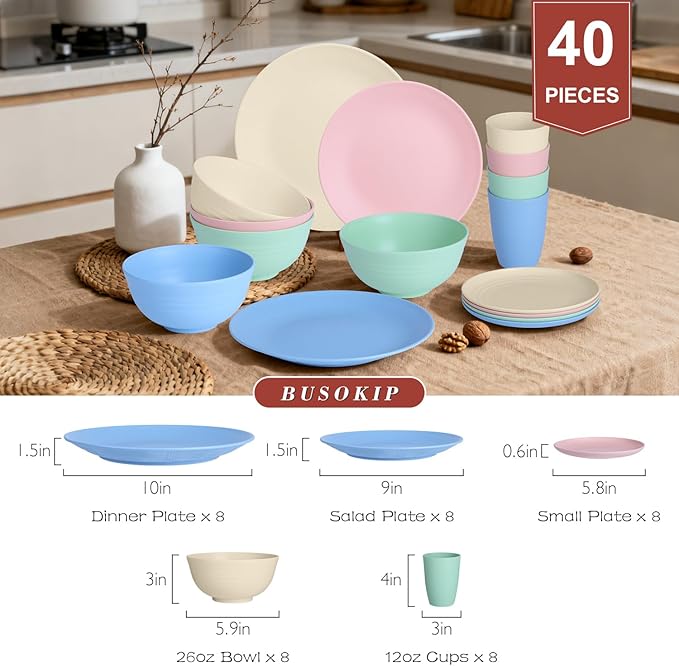 40 PCS Wheat Straw Dinnerware Sets | Service for 8 Unbreakable Plates and Bowls Sets - Dinner Plate Cereal Bowl Drinking Cups Dishwasher &amp Microwave Safe for Kitchen CampingRV - Colorful