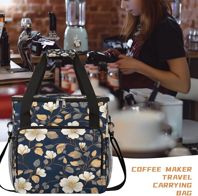 White Flower Leaves Coffee Maker Carring Bag Travel Carrying Storage Tote Bag Compatible with Keurig K-Mini or K-Mini Plus Portable Single Serve Coffee Brewer Case with Pockets for K-cup Pods