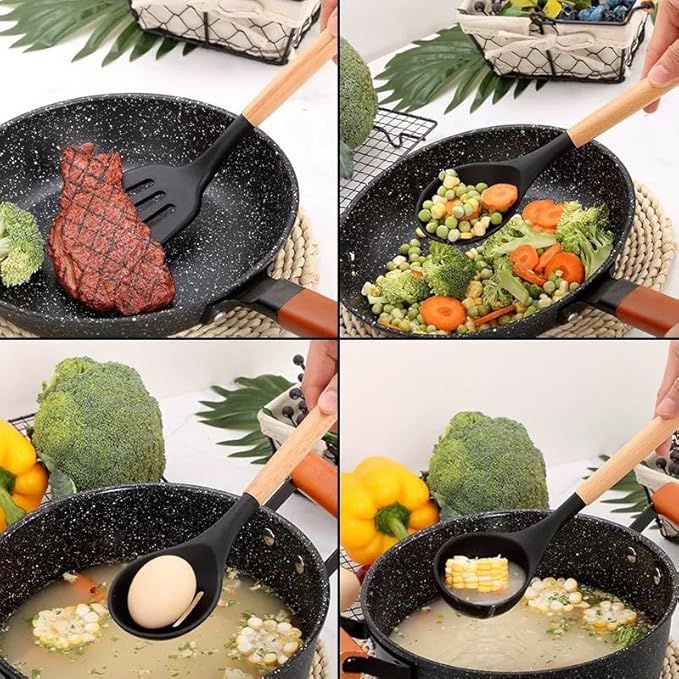 Silicone kitchenware 12-piece set with wooden handles and silicone covers. Non-stick pots and pans that can withstand high temperatures. Includes a storage bucket.