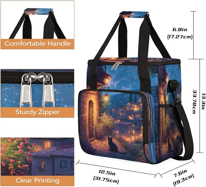 Light Night Scene Cat Coffee Maker Carring Bag Travel Carrying Storage Tote Bag Compatible with Keurig K-Mini or K-Mini Plus Portable Single Serve Coffee Brewer Case with Pockets for K-cup Pods