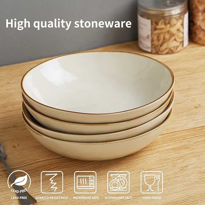 Famiware Ocean Round Plates and Bowls Sets for Kitchen 16-Piece Dinnerware Sets for 4 Microwave and Dishwasher Safe Vanilla White