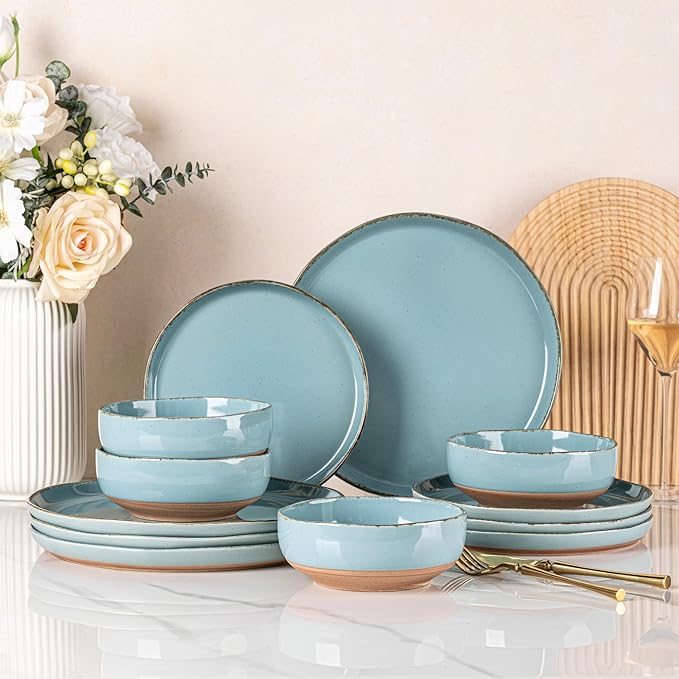 AmorArc Ceramic Dinnerware Sets for 4 12 Pieces Handpainted Plates and Bowls Set with Rustic Terracotta Underside Scratch Resistant Stoneware Dishes Set Dishwasher &amp Microwave Safe