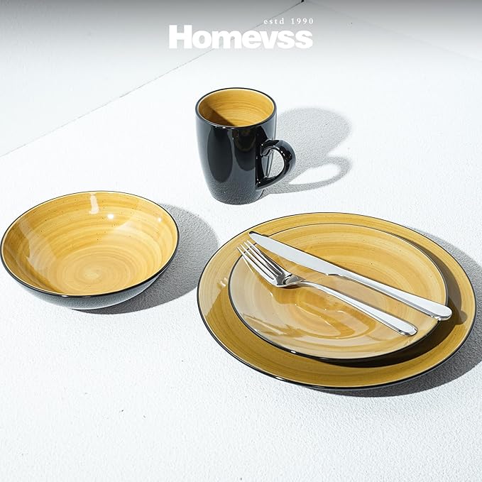 Sonoma 16 Piece Stoneware Dinner Set Outside Black + Inside Handpainted Color Yellow with speckle