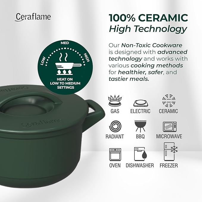 Pure Ceramic Healthy Non Toxic Cookware Set - Oven Safe Up to 1200F Microwave and Dishwasher Safe Longlasting and Lightweight - PFAS PTFE PFOA PFOS - Matte Rosemary