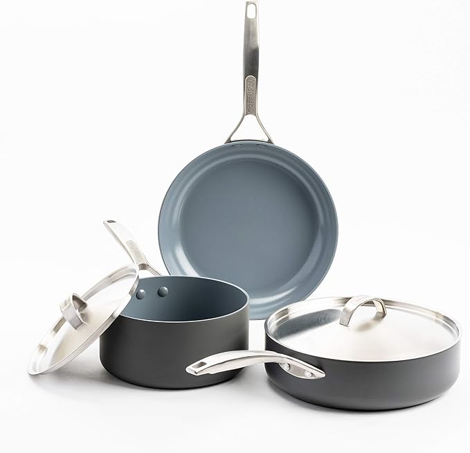 GreenPan Paris Pro Hard Anodized Healthy Ceramic Nonstick 5 Piece Cookware Pots and Pans Set with Stainless Steel Lids PFAS-Free Dishwasher Safe Grey