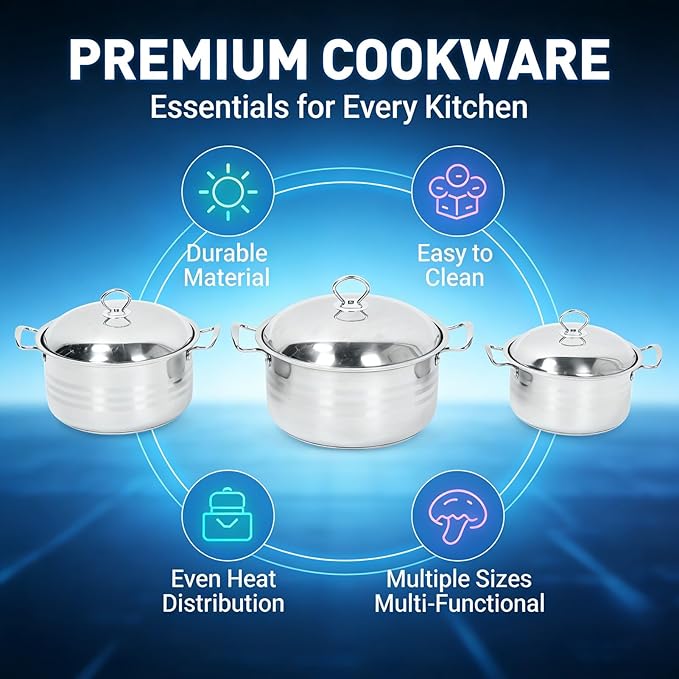 Stainless Steel Pot Kitchen Cookware Set 3 Piece Even Heat Distribution Pots with Lids Anti Stick Surface - Durable Construction Versatile Use for Home and Restaurant