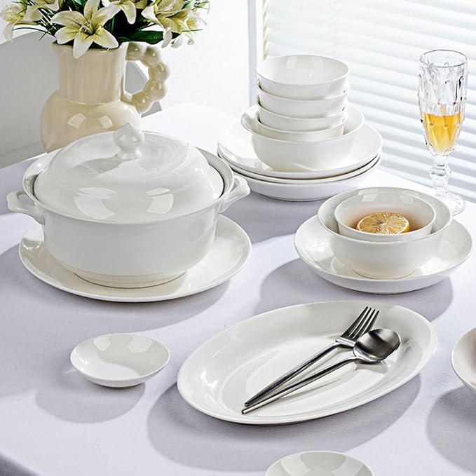 White Ceramic Dinnerware Set: Plates &amp Bowls for Kitchen Microwave &amp Dishwasher Safe Dishes Collection (10pcs)