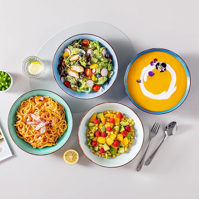 vancasso Bonita Pasta Bowls Set of 6 50oz Large Salad Bowls for Kitchen Stoneware Serving Bowls Dishwasher &amp Microwave Safe Blue Bowl Set
