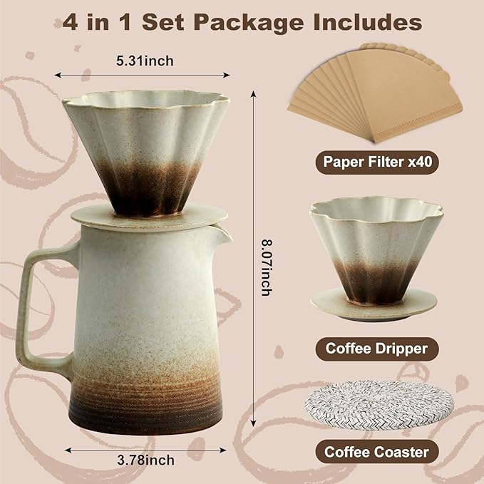 Pour Over Coffee Maker Ceramic Coffee Dripper with 40pcs V02 Paper Filter &amp Coaster 18.2oz/540ml Flower Shape Pour Over Coffee Filter set (Brown Gradient Set)