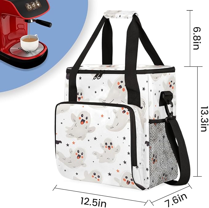 Cartoon Spooky Ghost Coffee Maker Carrying Bag Portable Travel Storage Tote Bag Compatible with K-Mini or K-Mini Plus Single Serve Coffee Brewer Carrying Case with Multiple Pockets &amp Shoulder St