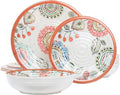 12 Piece Melamine Dinnerware Set – Shatterproof Mandala Plates and Bowls with Ribbed Texture – Lightweight Outdoor &amp Indoor Dish Set Dishwasher Safe