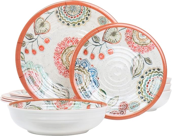 12 Piece Melamine Dinnerware Set – Shatterproof Mandala Plates and Bowls with Ribbed Texture – Lightweight Outdoor &amp Indoor Dish Set Dishwasher Safe