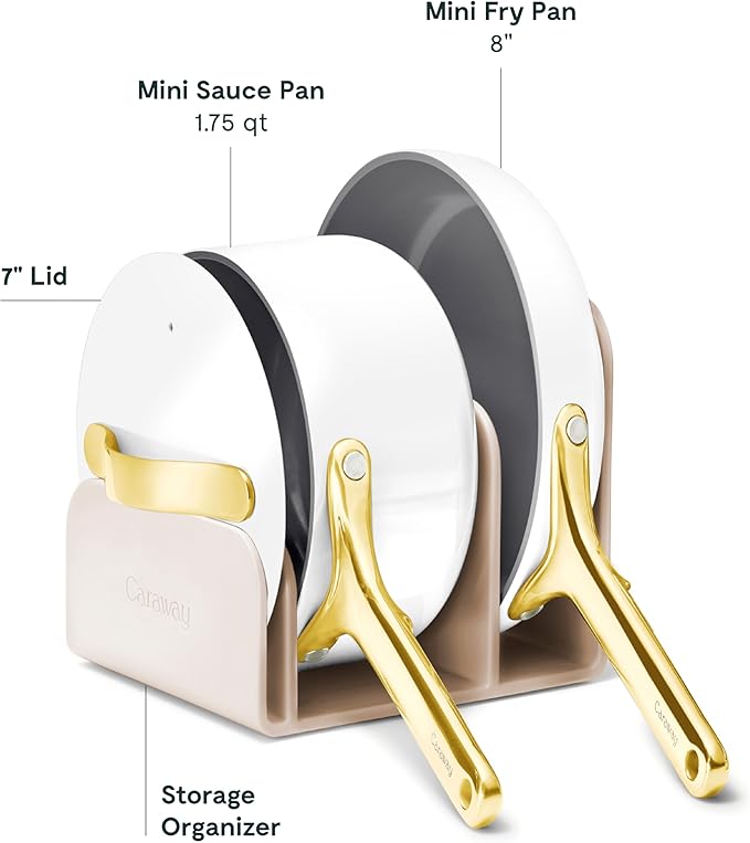 Caraway Mini Cookware Set - Non-Stick Ceramic Fry Pan (1.05 qt 8) Sauce Pan (1.75 qt) &amp Storage Rack - Non Toxic PTFE &amp PFOA Free - Oven Safe &amp Stovetop Agnostic (Gas Electric &amp In