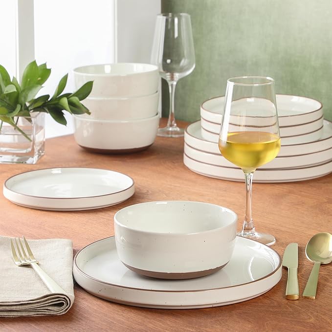 Gibson Elite Northrock Stoneware Dinnerware Set 12-Piece Service for 4 Plates and Bowls Set – White Dishes with Hand-Painted Terracotta Base