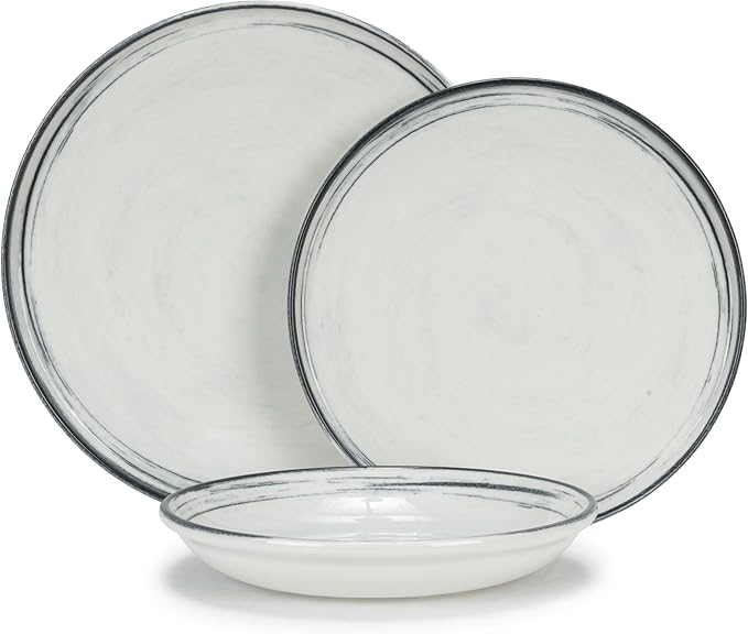 French Home 12-Piece Dinnerware Set – Water's Edge Porcelain Plates and Bowls – Elegant Lead-Free Stoneware Set for Everyday Use