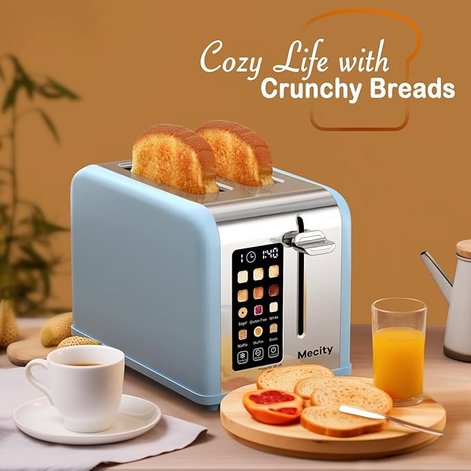 Mecity 2 Slice Touch Screen Toaster 1.5 Wide Slot Stainless Steel Smart Toaster for Bagels Muffins Waffles Gluten-Free Breads Defrost Reheat Timer 120V 825W Ice Blue