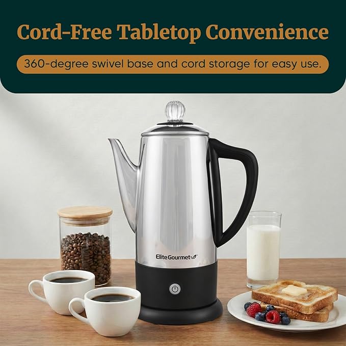Elite Gourmet EC812 Electric 12-Cup Coffee Percolator with Keep Warm Clear Brew Progress Knob Cool-Touch Handle Cord-less Serve Stainless Steel