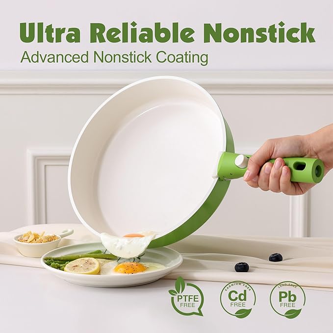 SENSARTE 17 Piece Ceramic Pots and Pans Set Nonstick Detachable Handle Cookware Induction Kitchen Cookware Set with Removable Handle Dishwasher ＆ Oven Safe (Green)