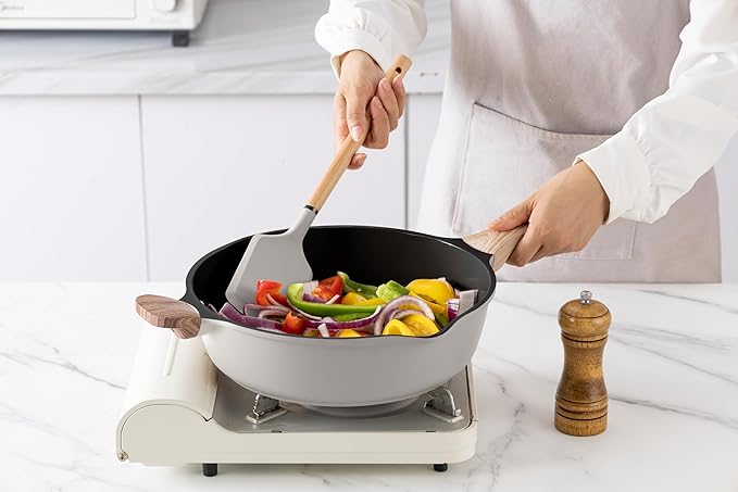Country Kitchen Pots and Pans Set Nonstick Cast Aluminum Kitchen Cookware Set with Utensils 14 Pcs Non Stick Cooking Set w/Frying Pans &amp Saucepans Grey