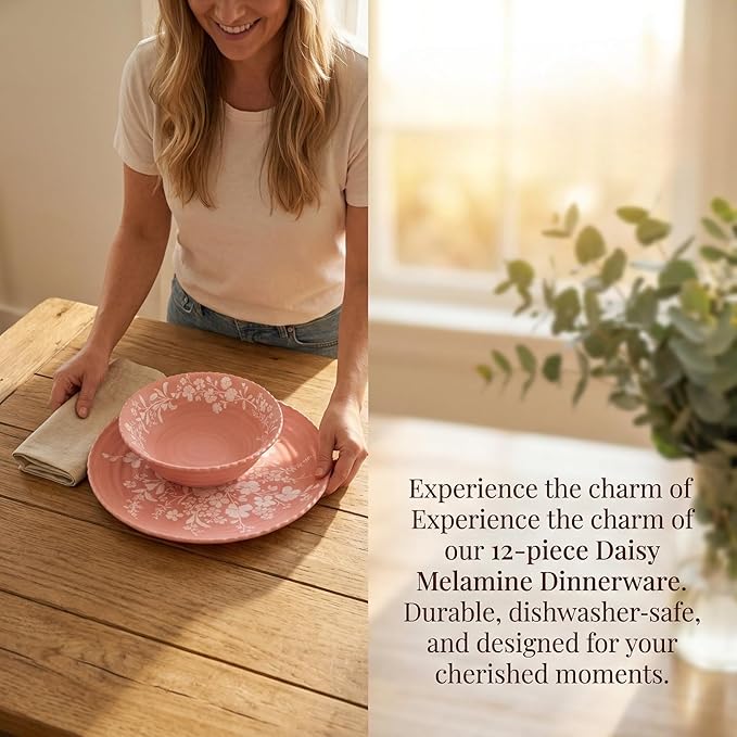12-Piece Daisy Bamboo Melamine Dinnerware Set Pink Floral Wave-Edge Design Dishwasher Safe Ideal for Brunch Afternoon Tea &amp Cozy Family Dining