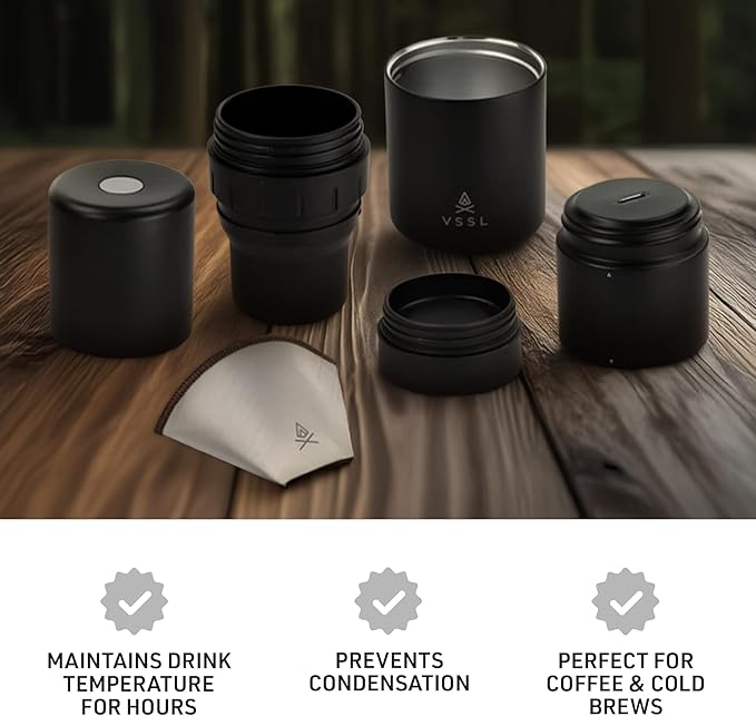 VSSL - Nest Pour Over Coffee Kit | Coffee Maker for Camping | All-In-One Travel Pour Over | Transportable Dripper Two 10oz Stainless Steel Travel Mugs | Compact Storage &amp Adventure Ready | Black