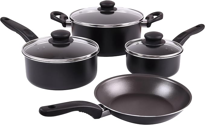 7 Piece Nonstick Aluminum Pots and Pans Cookware Set Black - PFOA-Free Heat-Resistant Handles Suitable for Gas &amp Electric Stoves
