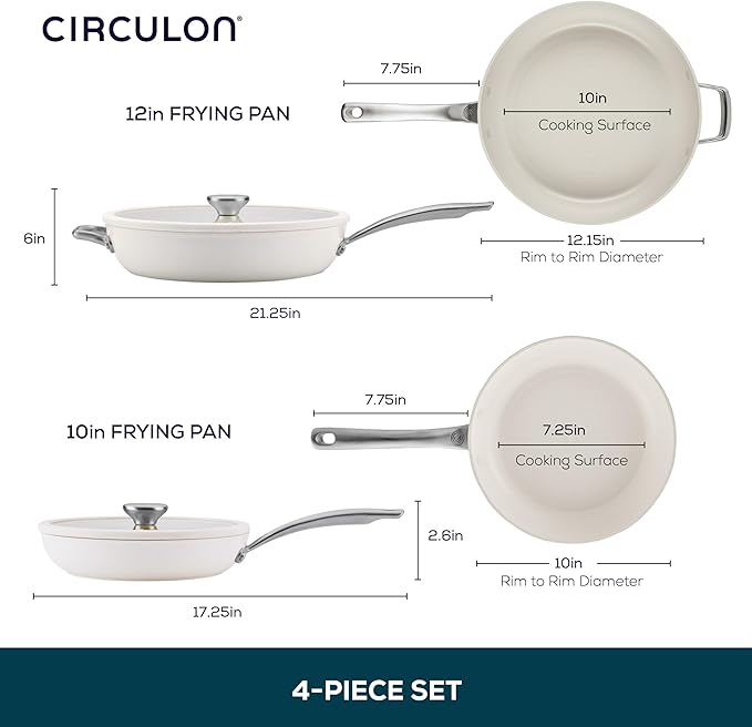 Circulon Halo with LaserDefense Ceramic Nonstick 10 Inch and 12 Inch Frying Pans with Lids Made without PFAS Compatible with All StovetopsDishwasher and Oven Safe4 Piece Cookware Set - Pearl White