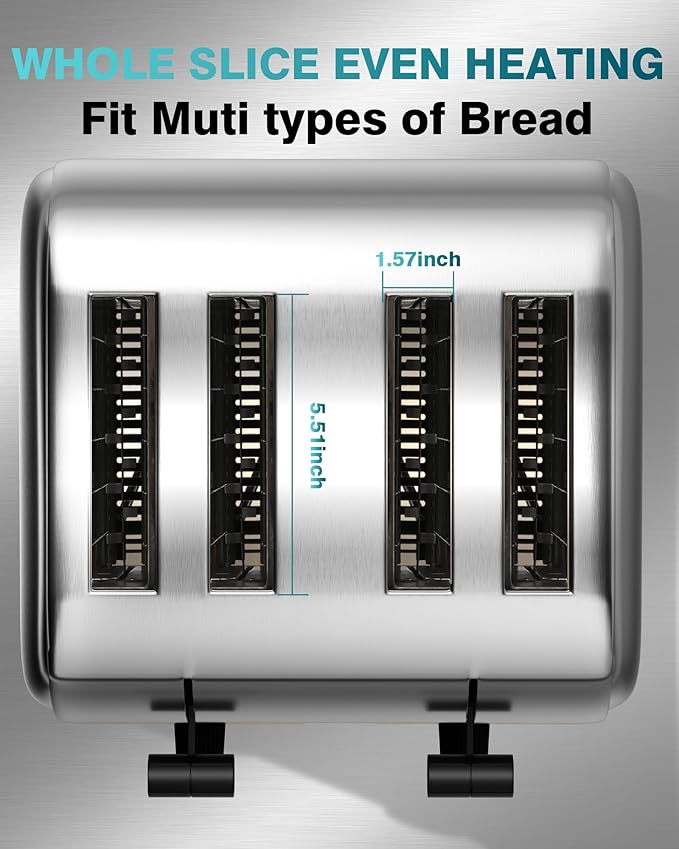 WantJoin Commercial 4-Slice Toaster 1800W 225 Slices/Hour with 1.57 Inch Wide Slots 6-Level Setting &amp Removable Crumb Tray Stainless Steel for Restaurant Breakfast (Bread Bagels)
