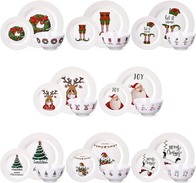 24 Pcs Christmas Melamine Dinnerware Set Service for 8 Guest 10 Dinner Plates 8 Salad Plates 3×6 Bowl Santa Snowman Reindeer Xmas Tree Festive Holiday Tableware for Family Party Gift