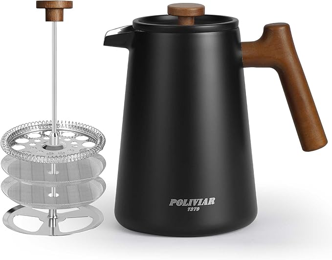 POLIVIAR French Press Coffee Maker 34 oz Coffee Press with Real Wood Handle Double Wall Insulation &amp Dual-Filter Screen Food Grade Stainless Steel for Good Coffe and Tea JX2025-XFPB