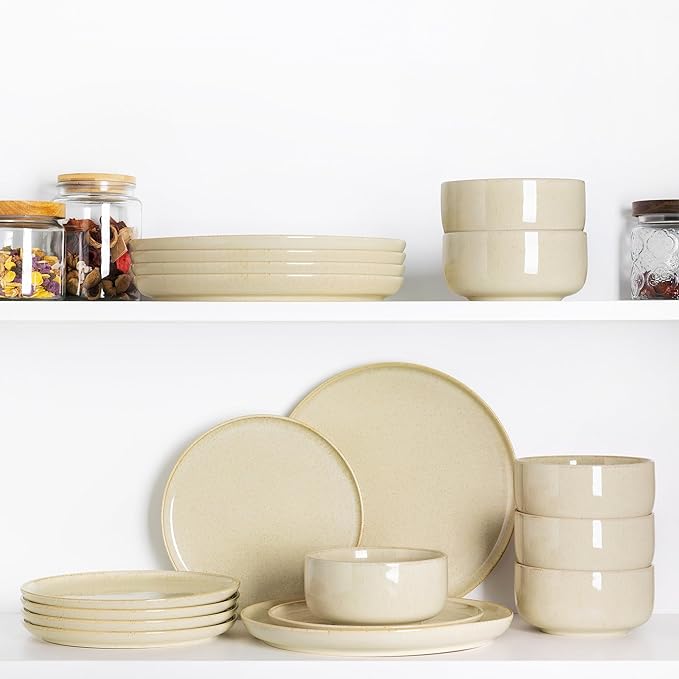 TheTerra Ceramic Dinnerware Sets for 4 12 Pieces Handmade Reactive Glaze Plates and Bowls Set Scratch Resistant Dish Set Oven &amp Microwave &amp Dishwasher Safe Cappuccino