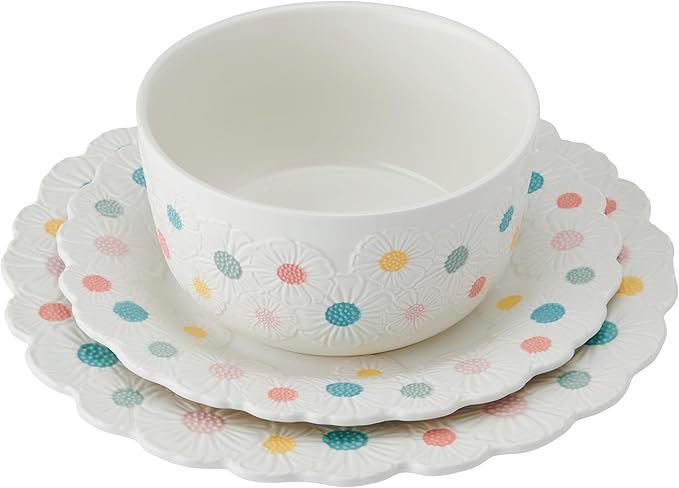 Darbie Angell Painted Daisy 12 Piece Plate and Bowl Dinnerware Set Durable Service for 4 Floral Design Modern Tableware