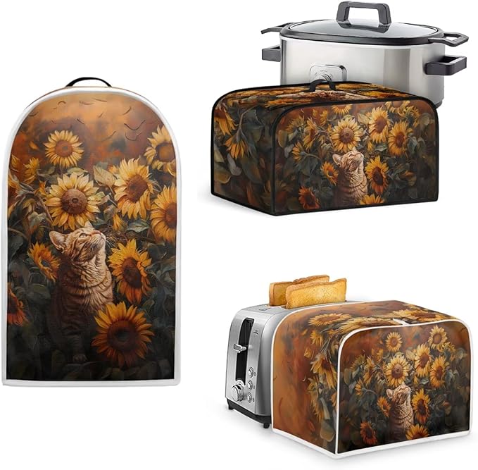 Sunflower Cat 4 Slice Toaster CoverBread Toaster Oven Dust Cover Kitchen Bakeware Protector Blender Cover Slow Cooker Cover Anti Fingerprint Kitchen Decorations (Orange)