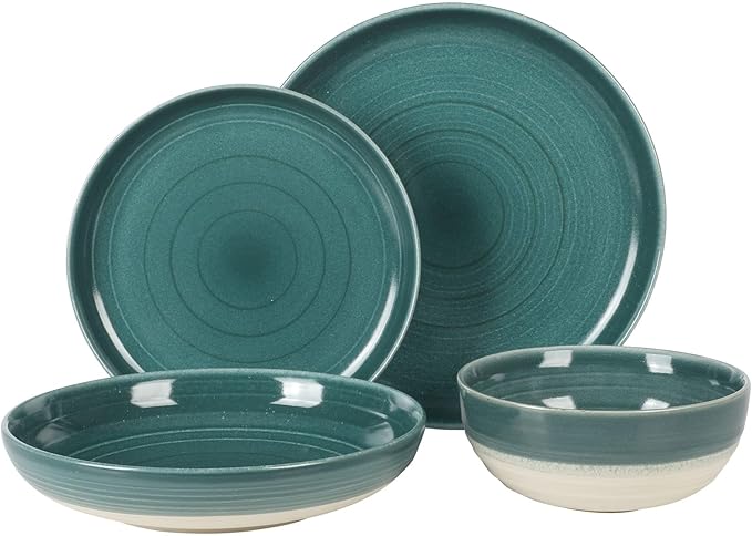 16-Piece Double Bowl Reactive Glaze Stoneware Dinnerware Set Green Solid Casual Round 16 Piece Dishwasher Safe