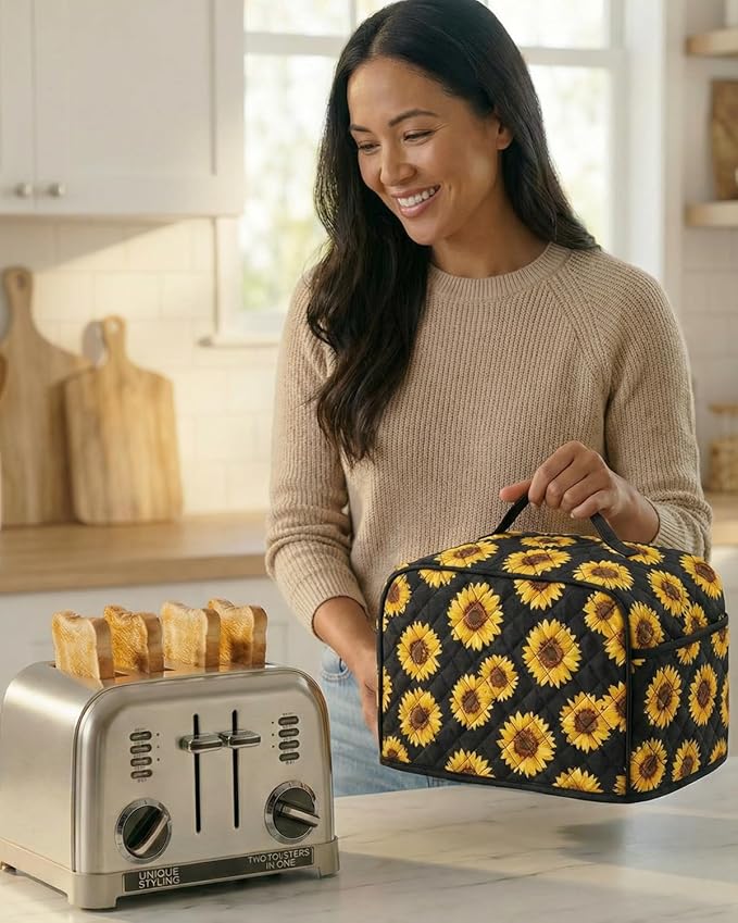 Deosk Toaster Cover 4 slice With 2 Pockets &amp Thickened Sponge Oxford Toaster Covers For 4 Slice Wide Slot and Kitchen Use 12 x 10 x 7.5 (LargeSunflower）