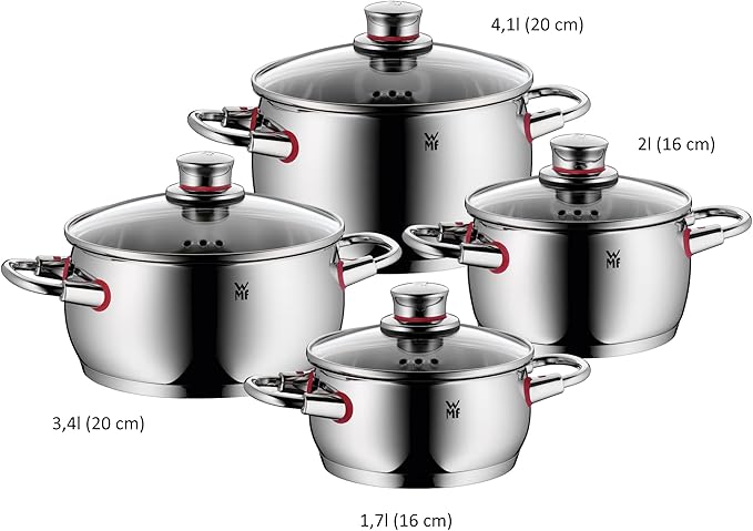 WMF Pot Set 4-Piece Quality One Steam Vent Glass Lid Cromargan® Stainless Steel Polished Suitable for Induction Hobs Dishwasher-Safe