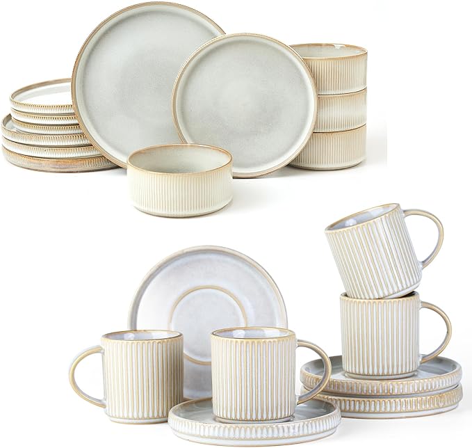 Famiware Star Dinnerware Set and Coffee Mugs Set Service for 4 (16 Pieces) - Stoneware Dinnerware Dishes Cappuccino White