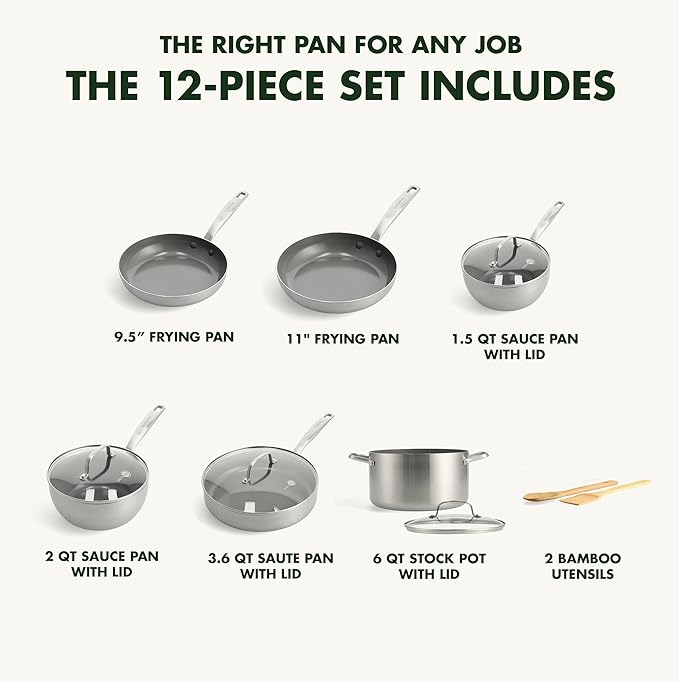 GreenPan Chatham Tri-Ply Stainless Steel 12 Piece Cookware Set PFAS-Free Pots and Pans Multiclad Induction Ready Fry Saute Sauce Pans Stockpot Dishwasher Safe Oven &amp Broiler Safe Silver