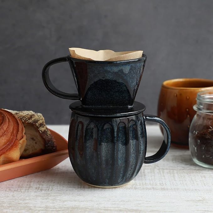 Asayu Japan Ceramic Coffee Pour Over Maker Set in Dark Navy Blue Slow Brewing Paper Filter Holder and Dripper with 3 Holes for Coffee and Tea - Accessory Ceramic Mug