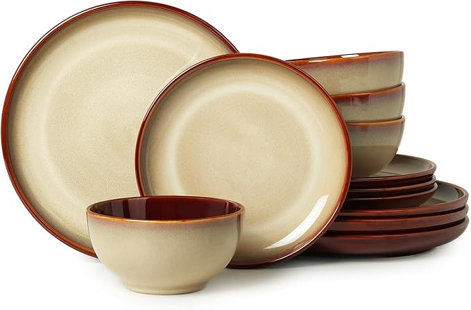 Stoneware Dinnerware Sets Ceramic Plates and Bowls Set Microwave &amp Dishwasher Safe Kitchen Dish Set Modern Dinner Salad Plates | Cereal Bowls for 4 Dishware Sets Brown Yellow