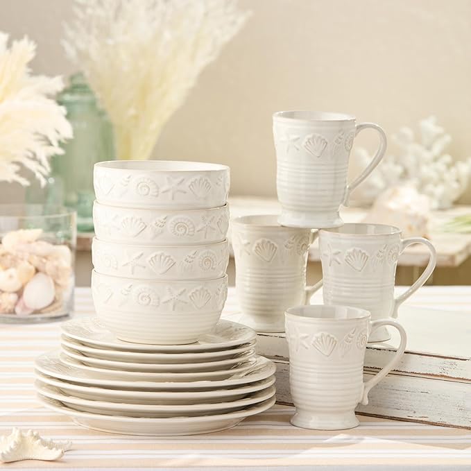 Coastline Cream 16-Piece Stoneware DINNERWARE SETSERVICE for 4 with embossed coastal shells and starfish detailing durable beach house tableware for relaxed coastal living and everyday dining