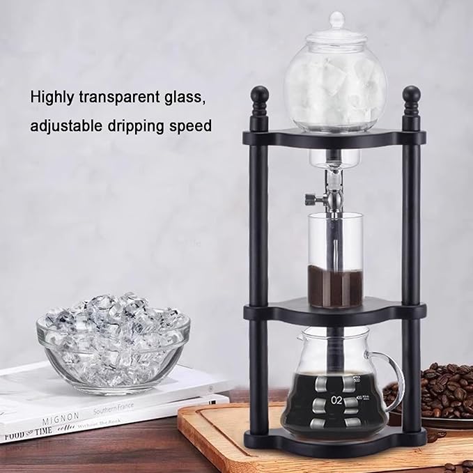 Ice Drip Coffee Maker Cold Brew Coffee Dripper Tower with Adjustable Dripper 600ml Glass Jug Wood Straight Frame for Home Coffee Shop 3-5 Cups (Black)