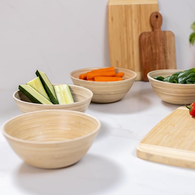 LEXA 8-Piece Handcrafted Bamboo Plate &amp Bowl Set Four 12” Serving Plates and Four 8” Bowls Spun Bamboo Dinnerware for Everyday Meals Entertaining &amp Home Décor (Natural)
