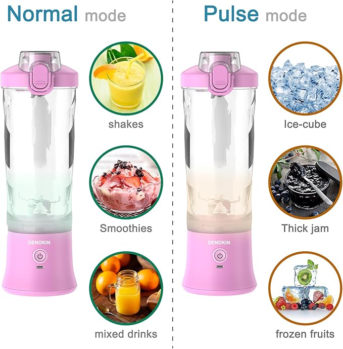 DENOKIN Portable Blender 20oz Vessel Cordless Personal Size Blend with 6 Blade and a Travel Lid (Purpleish Pink)