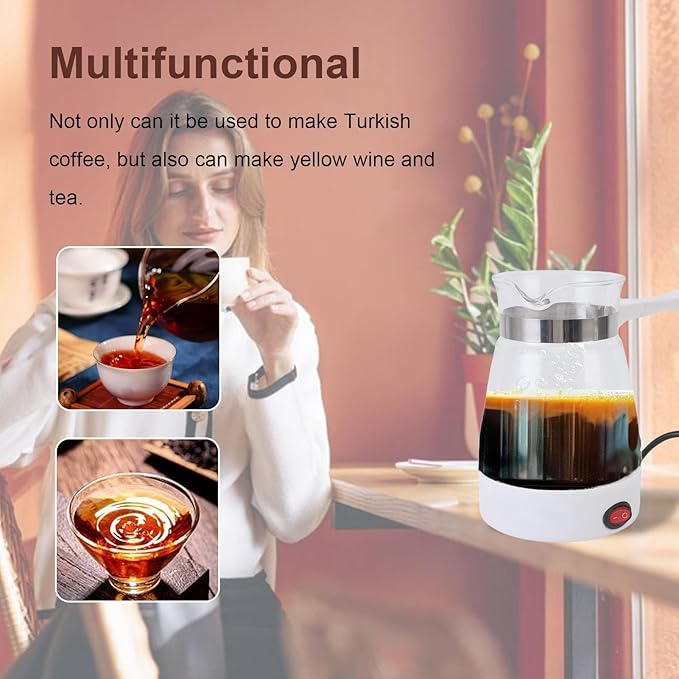 600ML Electric Turkish Coffee Maker 600W Electric Turkish Coffee Pot Glass Stainless Steel Coffee Tea Warmer Kettle Removable Anti Scald Handle for Home Heat Water Tea