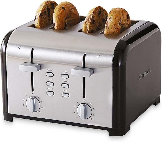 Kenmore 4 Slice Black Toaster Stainless Steel Extra Wide Slots Adjustable Browning Bagel and Defrost Settings Removable Crumb Tray Best Prime Toaster for Bread Bagel Waffles and more